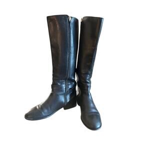 Tory Burch Black Leather Riding Boots Women’s 7M  Gold Buckle & Logo Detail